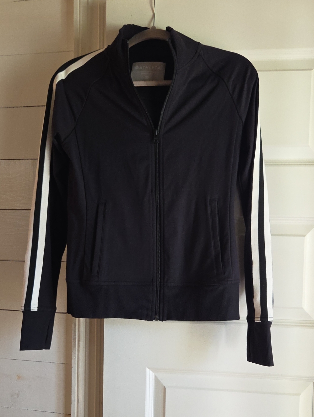 Athleta Black Jacket with White Sleeve Stripes